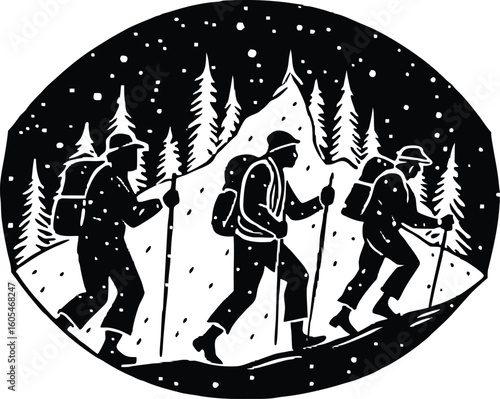 Silhouette of Hikers in Snowfall, Winter trekking silhouette