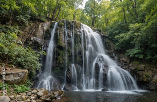 Majestic waterfall cascades down rocky slope on Monastery Island in Dnieper, Ukraine. Green forest surrounds water flowing over stones creating natural beauty. Scenic riverine landscape offers serene