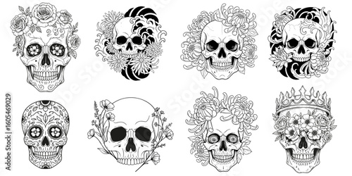Hand-drawn tattoo-style vector illustrations of skulls with chrysanthemums in traditional Japanese art, bold black and white designs with intricate linework, perfect for tattoo flash, prints, and colo
