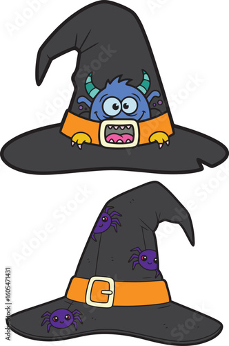Spooky monster halloween witch hat. Spooky hats vector bundle