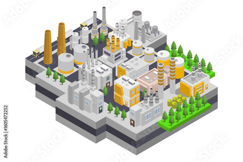 Oil refinery with oil fields and storage facilities isometric
