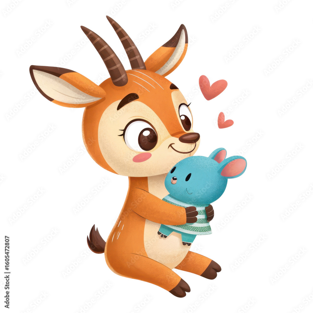 Obraz premium Cute cartoon gazelle hugging a small blue creature isolated on transparent background isolated on white background