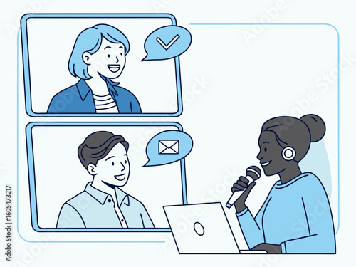 Illustration of online conference meeting with people using video call for presentation and communication