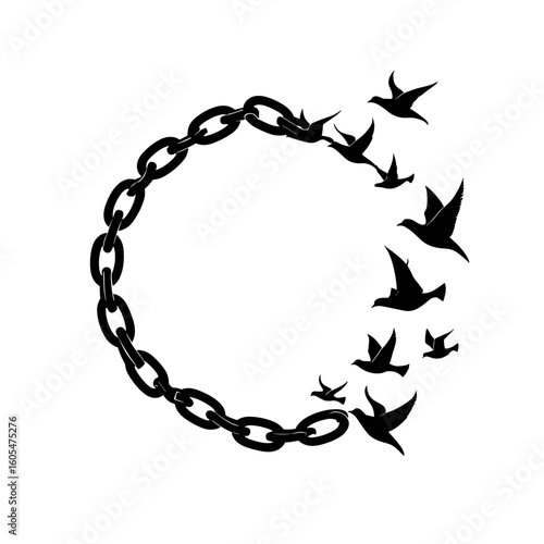 Vector icon of a broken chain transforming into flying birds, symbolizing freedom and liberation
