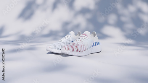 Stylish White Sneakers with a Unique Patterned Design Standing on a Bright White Surface in Front of a Blurred Background