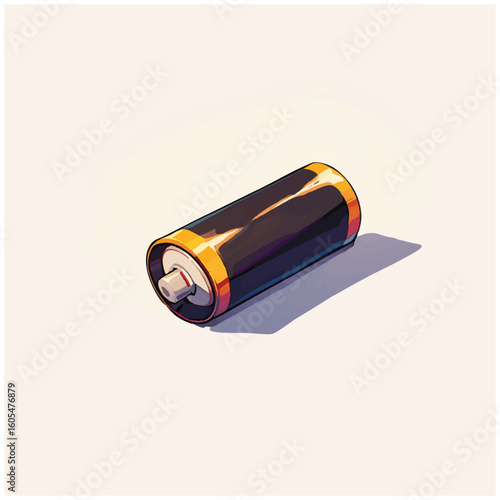 A single cylindrical battery vector icon lying on a surface. Illustration representing electrical power, energy charge, and portable technology.