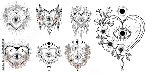 Mystical Hearts with All-Seeing Eyes – Hand-Drawn Boho Ethnic Vector Set of 4 Intricate Floral and Sun Symbol Designs on Clean White Background (1)
