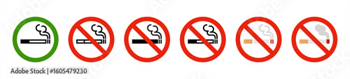 No smoke icon. Stop smoking symbol. Forbidden cigarette signs. Ban tobacco symbols. Prohibit nicotine icons. Black, red, flat color. Vector 10 eps.