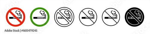 No smoking symbol set. Cigarette ban sign. Do not smoke warning icon. Smoking is forbidden label. Prohibition sticker for area places. Vector 10 eps.