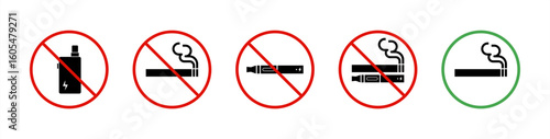 Ban Zone Smoke Vape Cigarette Silhouette Icon Set. Forbidden Smoking Cannabis Pictogram. Notice Allow Smoke Area Green Sign. Smoke Prohibited Red Stop Symbol. Isolated Vector 10 eps.