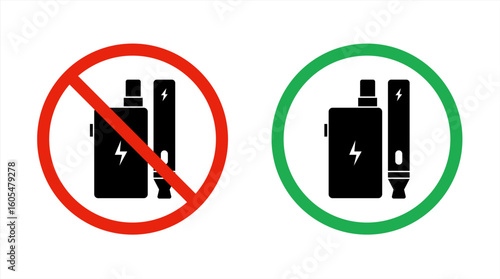 No smoking no vaping and smoking area sign set. Forbidden sign icon isolated on white background vector illustration. Cigarette, vape in prohibition circle and green allowed area. Vector illustration.