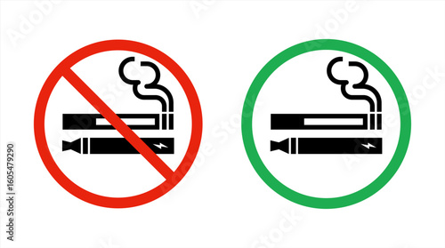 No smoking no vaping and smoking area sign set. Forbidden sign icon isolated on white background vector illustration. Cigarette, vape in prohibition circle and green allowed area. Vector 10 eps.