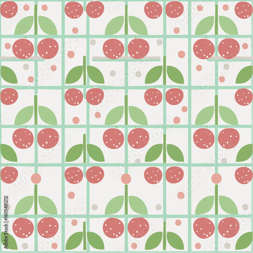 seamless scandi berry-cluster patchwork tile in cherry red and cream, layered svg with nordic folk-inspired botanical motif and vibrant holiday palette