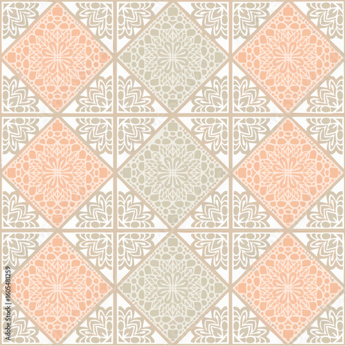 seamless scandi lace patchwork tile in peach and coal, layered svg with nordic folk-inspired textile motif and delicate vintage lace pattern