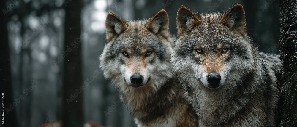 Fototapeta premium Wolves in a misty forest during early morning