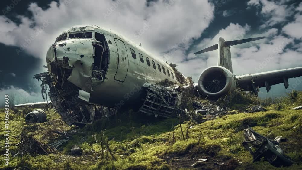 Crashed Airplane Wreck in Mountain Field Crashed Airplane Wreck in Mountain Field