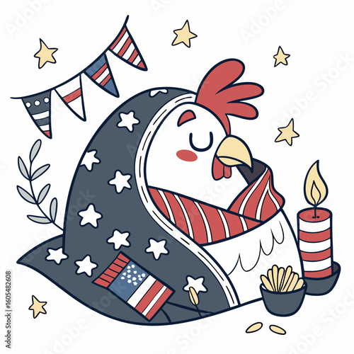 Cute Dreamy Rooster, accessorized with wrapped in a blanket, in a Memorial Day world – Honor & Remembrance palette vector