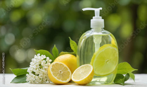 Bottle of lemon scented liquid soap with fresh lemons, white blossoms. Transparent container, pump dispenser. Natural, organic hygiene product with refreshing citrus aroma for cleansing, skincare,