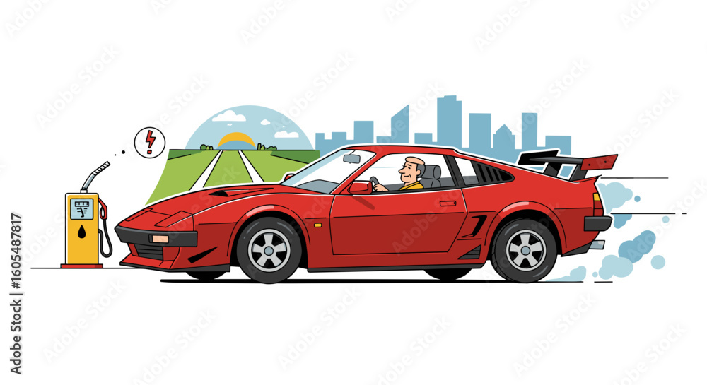Fototapeta premium Illustration of a red sports car refueling at a gas station with a city skyline in the background scene