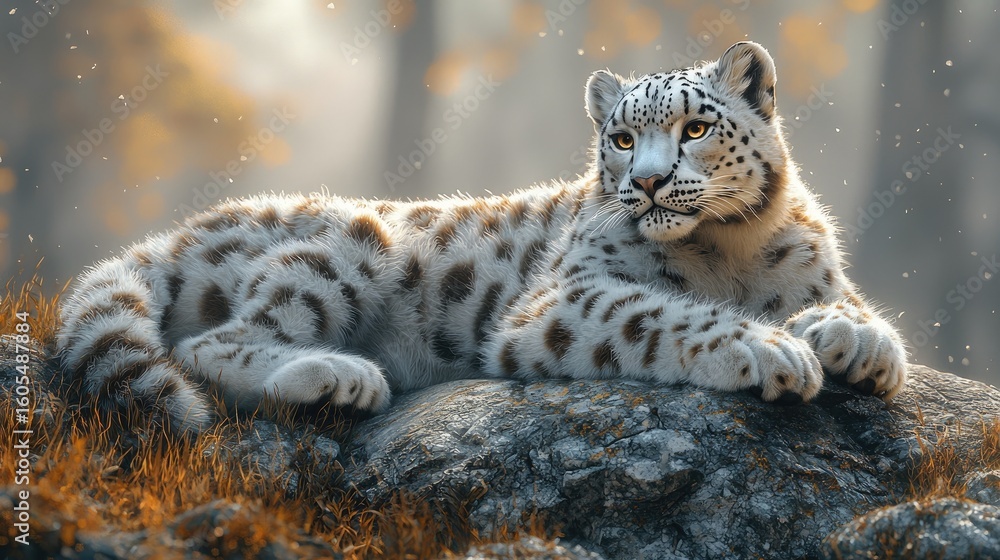 Fototapeta premium Snow leopard resting on rock, autumn forest background