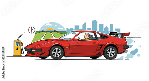 Illustration of a red sports car refueling at a gas station with a city skyline in the background scene