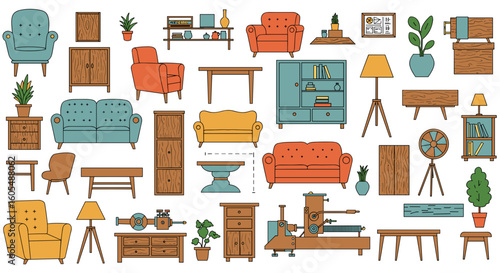 Illustration of a collection of various furniture items including sofas chairs tables and storage units