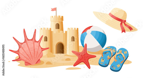 Illustration of a sandcastle with a flag, seashell, starfish, beach ball, hat, and flip flops on sand
