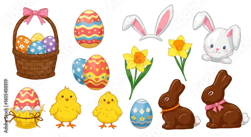 Illustration of easter themed items including a basket of eggs, bunny ears, chicks, and chocolate bunnies