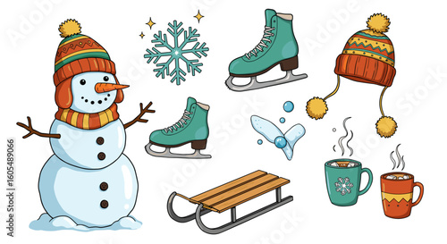 Illustration of a snowman with winter hat, skates, snowflake, sled, and hot chocolate mugs on white