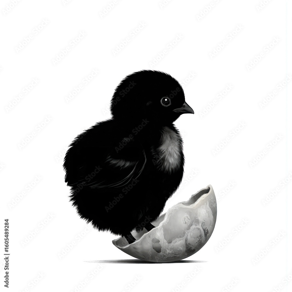 Fototapeta premium Black chick emerges from cracked eggshell. Monochrome illustration symbolizes new life, fragility, and innocence. Baby bird birth signifies spring, nature, and animal kingdom.