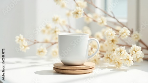 A white mug on a wooden coaster with flowers in the background in a bright and airy setting