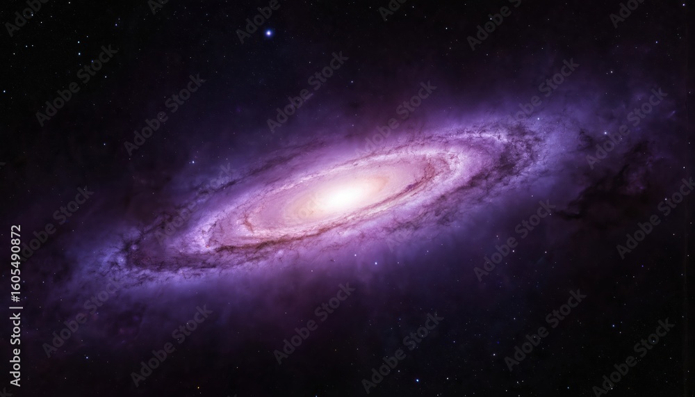 Naklejka premium Vivid purple nebula galactic formation illuminated by radiant center in vast cosmos. Universe space sky galaxy spiral solar system. Bright star glow energy science flare, mystery awe sparkle