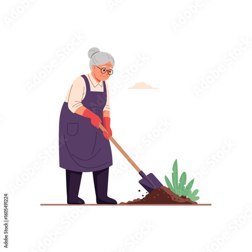 Elderly woman with gray hair wearing an apron and gloves, digging in the garden with a shovel.