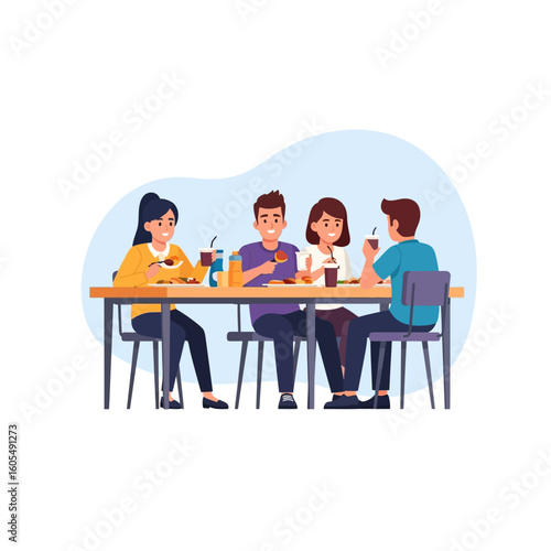 Four friends are sitting at a table, eating food and drinking beverages, enjoying a meal together in a casual setting.