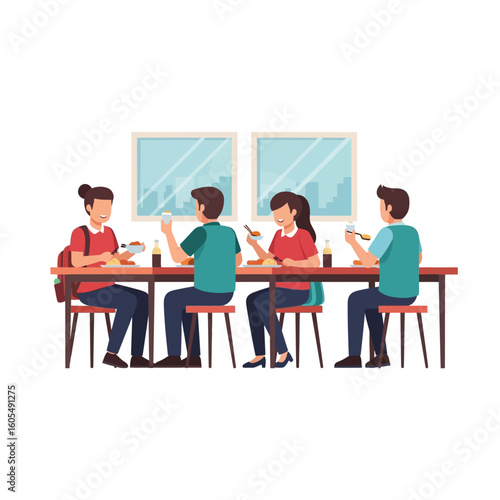 Four people are sitting at a table eating food with chopsticks, with drinks beside them, in front of two windows.