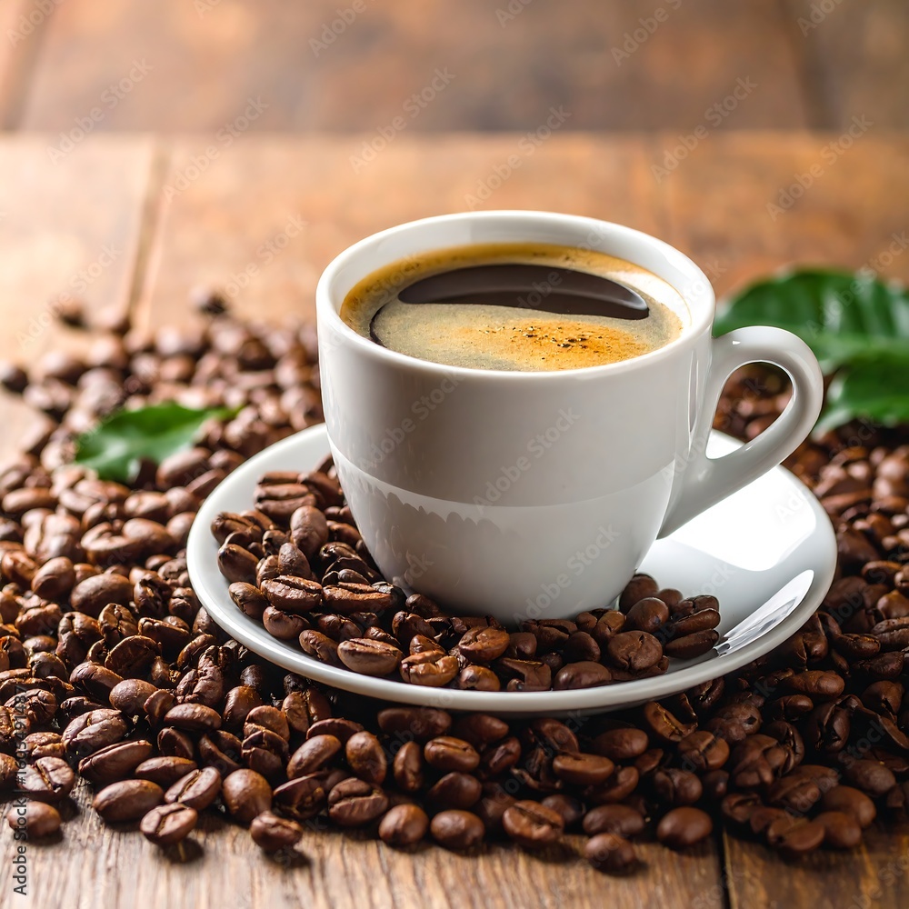 Obraz premium A cup of coffee surrounded by coffee beans on a wooden table