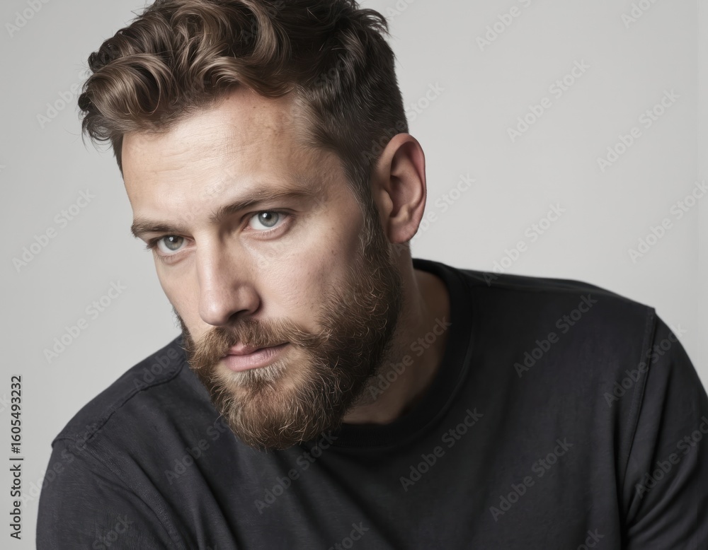 Obraz premium Rugged bearded man with short hair and stylish haircut. Mature adult male with masculine masculine grooming in profile. Trendy adult with modern casual attire, neutral background, side pose.