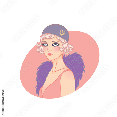 Art Deco vector illustration of a flapper girl in 1920s style, featuring soft dusty rose and gold tones. Elegant and modern design, ideal for fashion prints, posters, branding, or digital use.