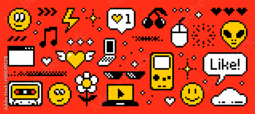 Pixel art y2k vector icons, with social media, gaming, and tech elements. Digital vintage nostalgia for web design.