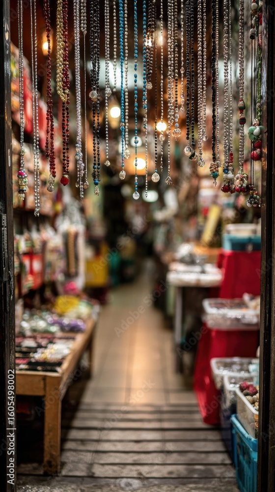 Obraz premium Blurred interior of small souvenir shop with hanging beads at the entrance.