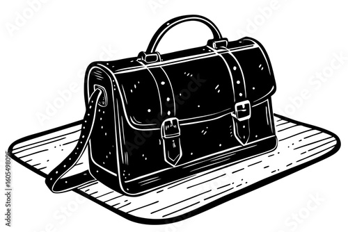 Vintage satchel bag illustration on wooden floor background  