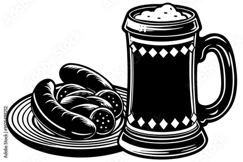 Beer mug beside plate of sausages on white background  