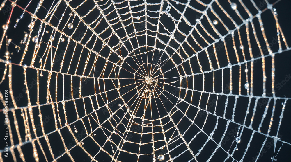 Fototapeta premium A close-up, intricate spider web covered in frost and dew drops, illuminated by soft golden light against a dark background.