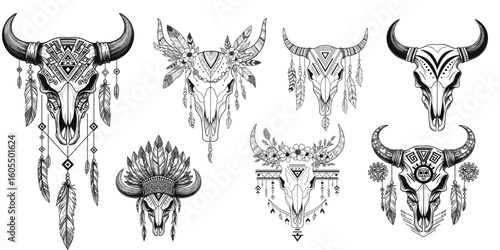Set of Vintage Boho Cow Skull Illustrations – Hand-Drawn Vector Designs Featuring Feathers, Tribal Patterns, Mandalas, and Floral Accents on Clean White Background (1)