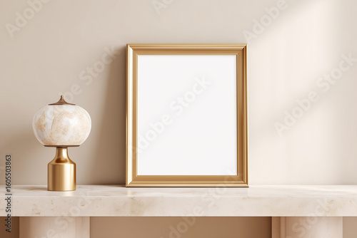 Gold frame mockup displayed on a marble console table beside an elegant mosaic lamp