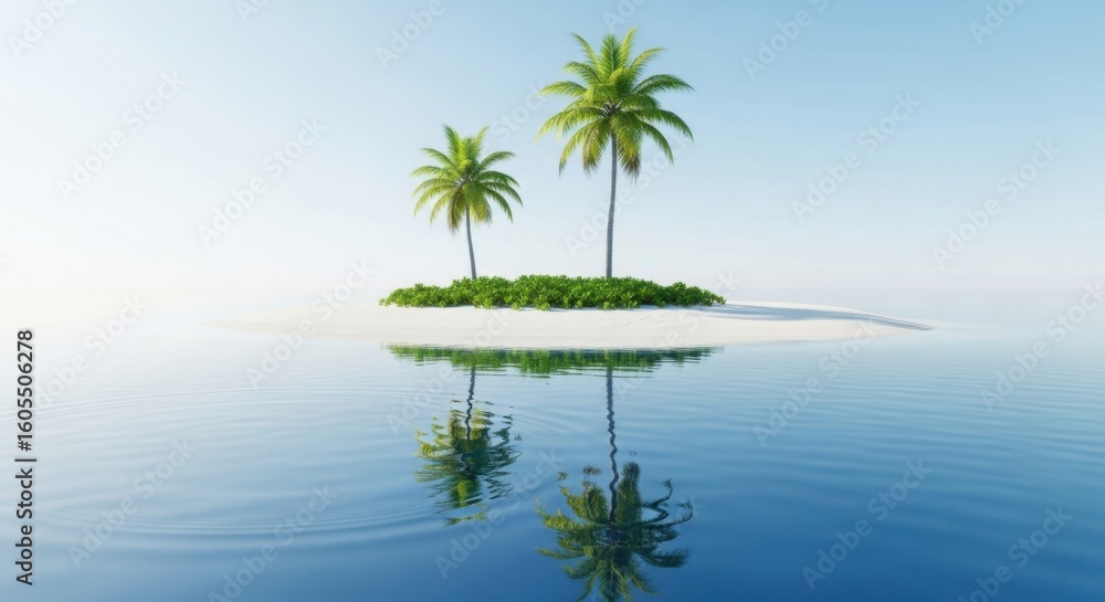 Fototapeta premium Two palm trees stand tall on a small, sandy island surrounded by calm blue ocean water