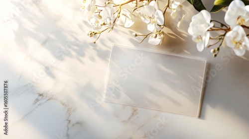  Elegant wedding RSVP card mockup with delicate orchid flowers on marble background, ideal for invitations design