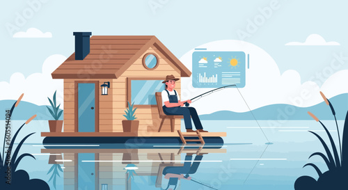 Fisherman Enjoying Solitude On Lake House Illustration Vector Graphic