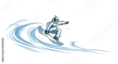 A snowboarder gracefully gliding across a snowy slope, performing an exciting maneuver. The image captures the thrill of winter sports and the elegance of snowboarding.