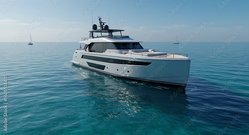 Fototapeta premium Sleek white luxury yacht glides across calm turquoise ocean waters under a bright, clear sky.